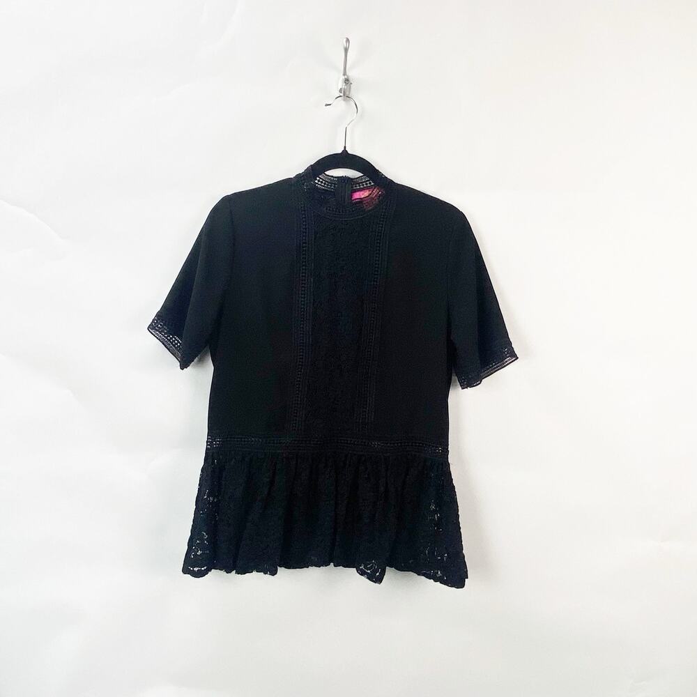 Catherine Maladrino Medium Womens Black Lace Eyelet Mock Neck Blouse Top